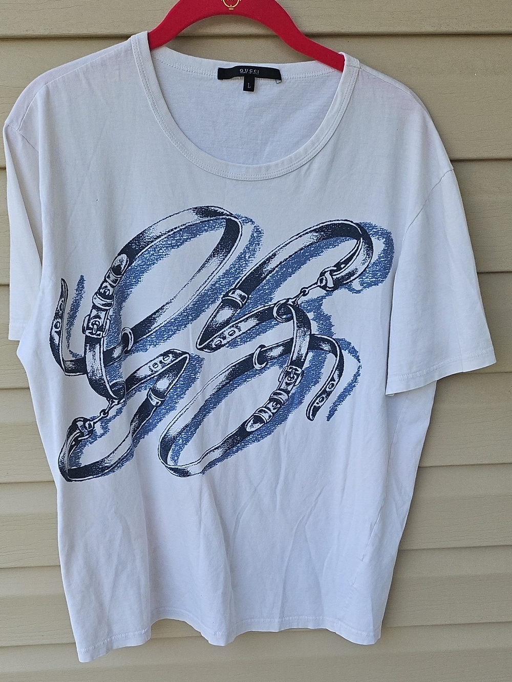 Gucci White Tee with Navy Belt Graphic